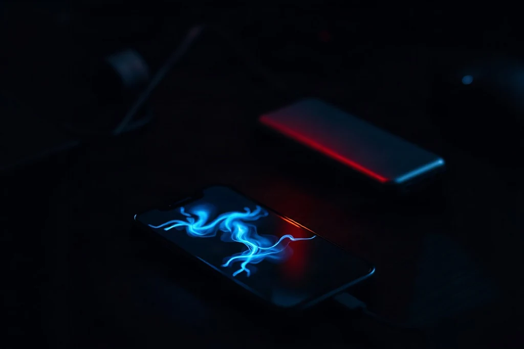 Smartphone em mesa escura com brilho azul de interface esportiva