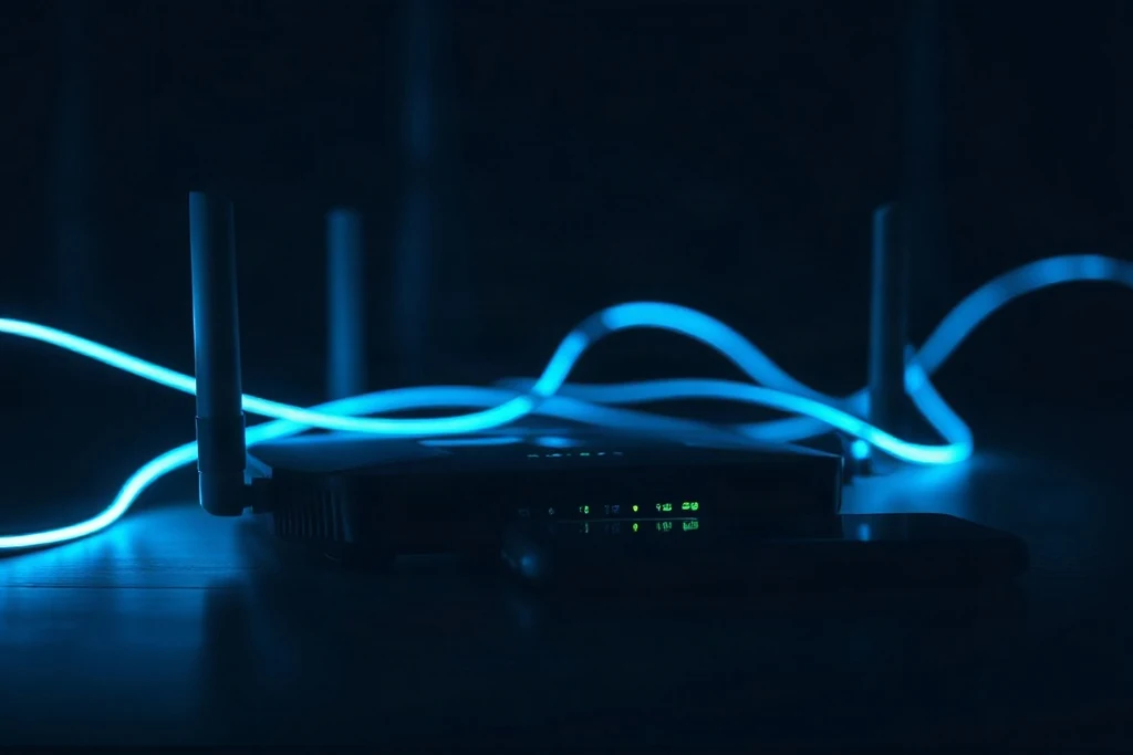 Roteador e smartphone com trilhas de luz azul em ambiente escuro