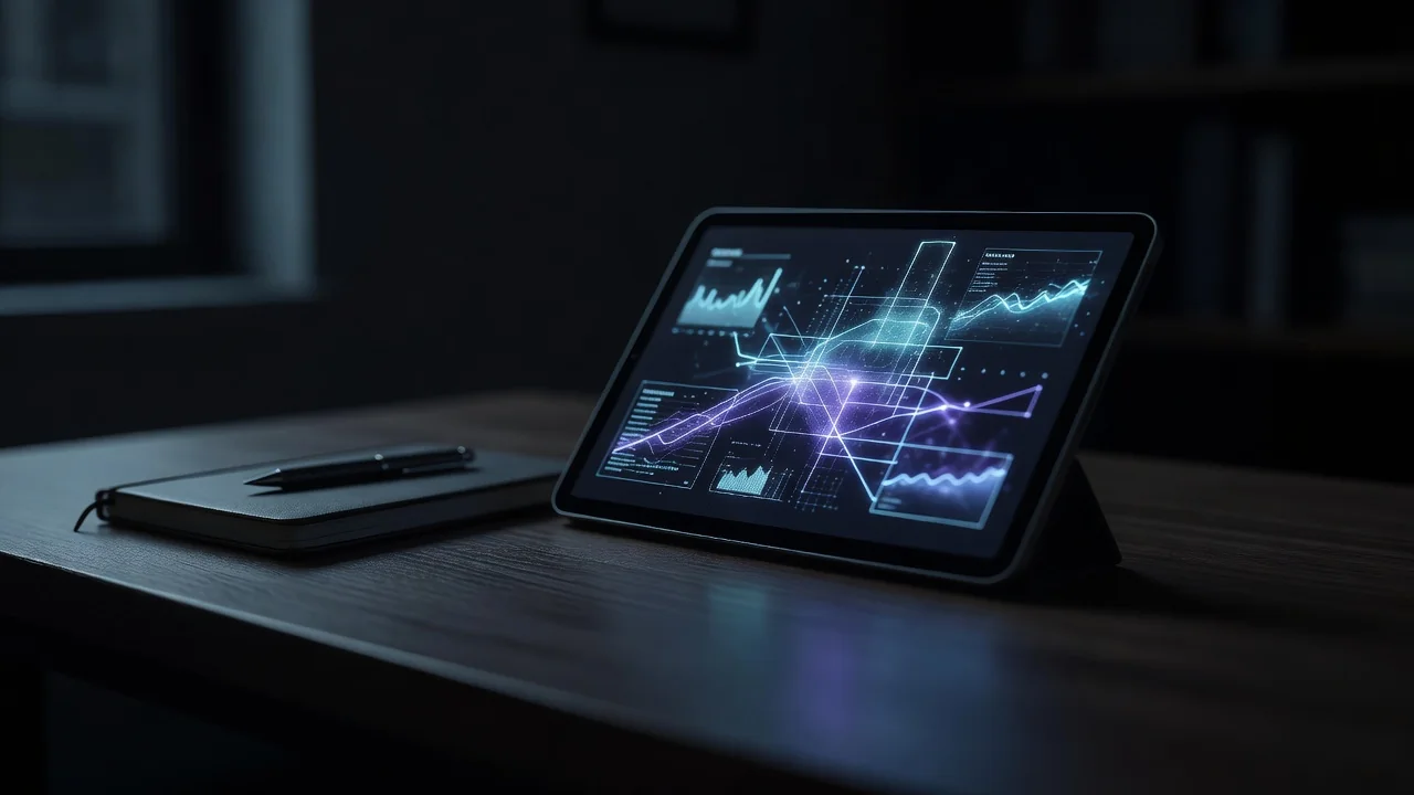 Tablet com gráficos brilhantes sobre mesa com caderno à noite