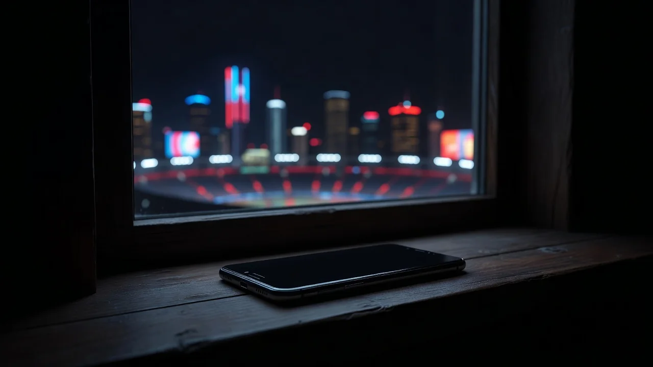 Smartphone no parapeito da janela com luzes da cidade ao fundo