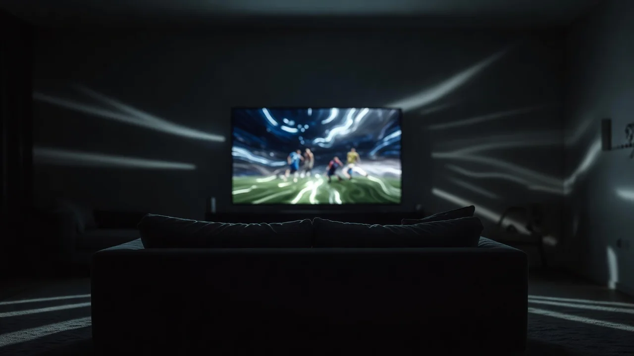 Televisão brilhando com partida em sala escura