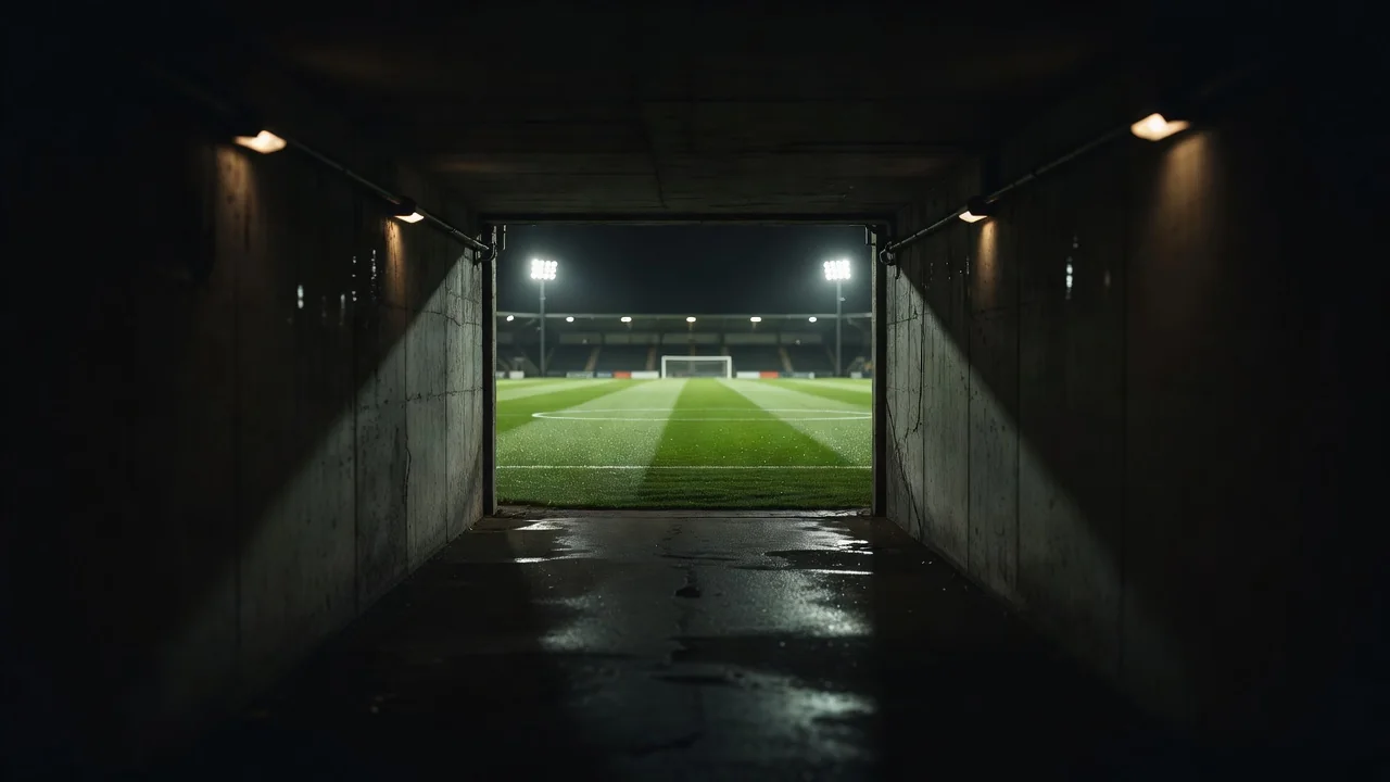 Túnel de estádio vazio levando ao campo iluminado à noite