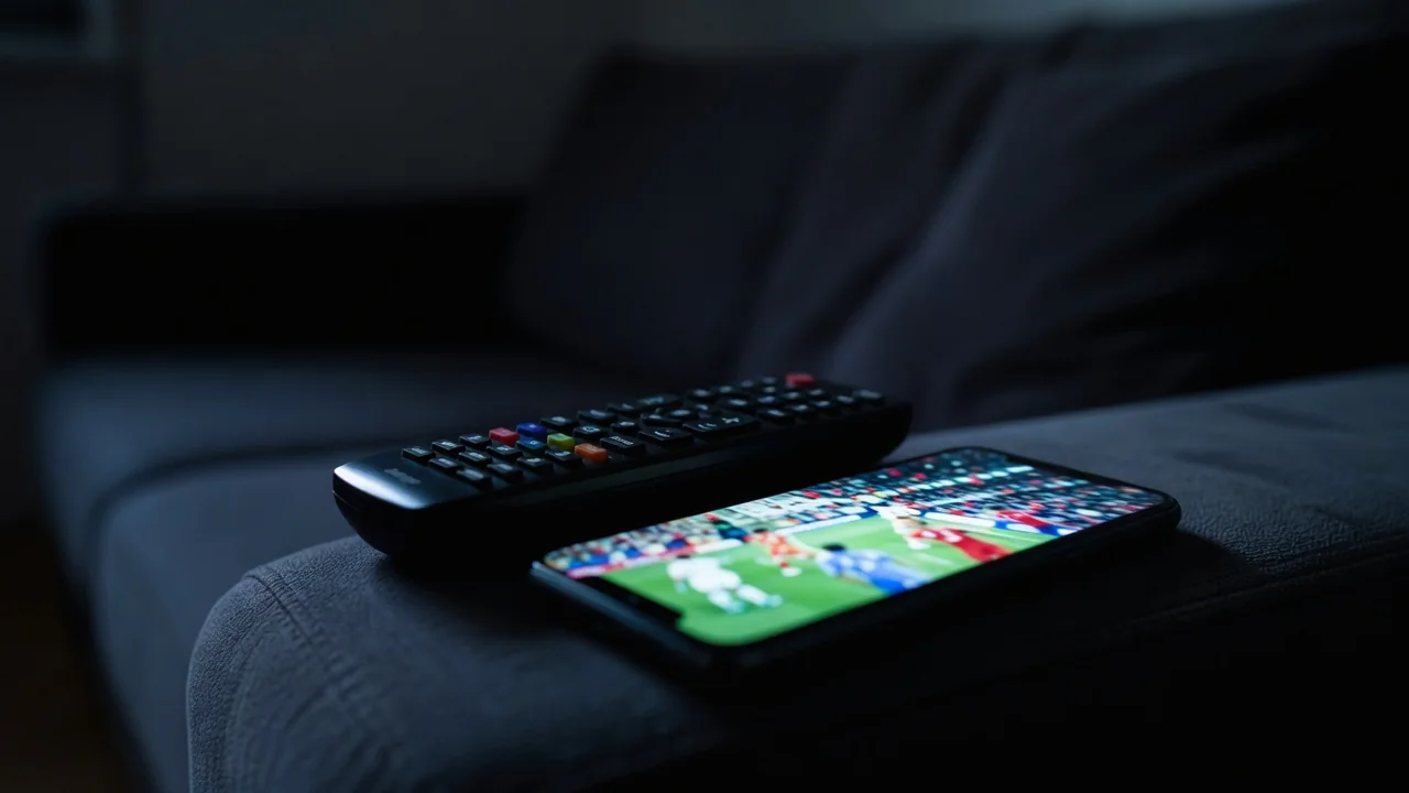 Controle remoto e smartphone no braço do sofá durante jogo noturno