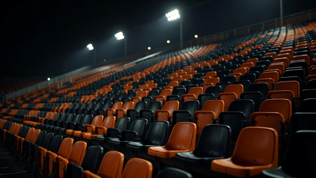 Assentos de estádio em laranja e preto sob refletores à noite