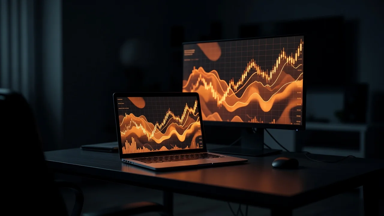 Notebook e segunda tela com gráficos laranja em escritório escuro