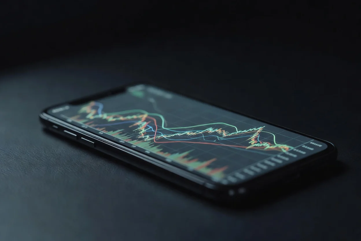 Close de smartphone com gráfico de oscilação em fundo escuro
