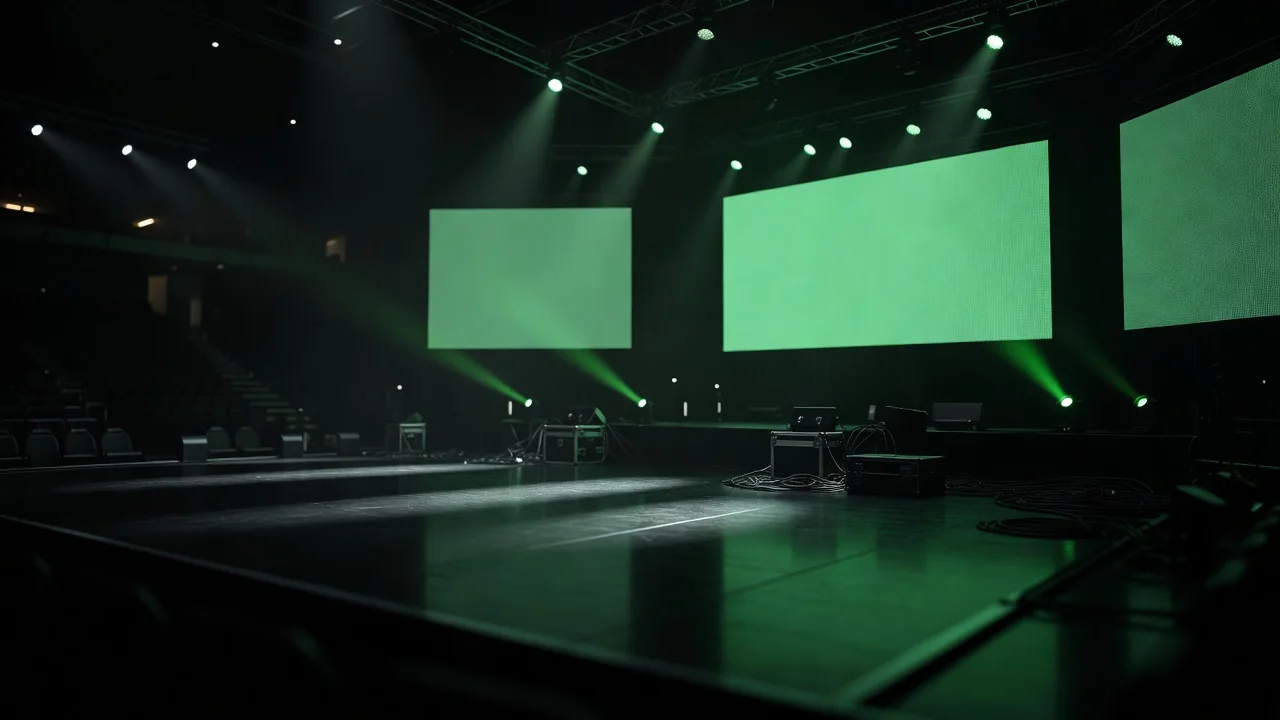 Palco de arena de eSports com holofotes verdes e telões