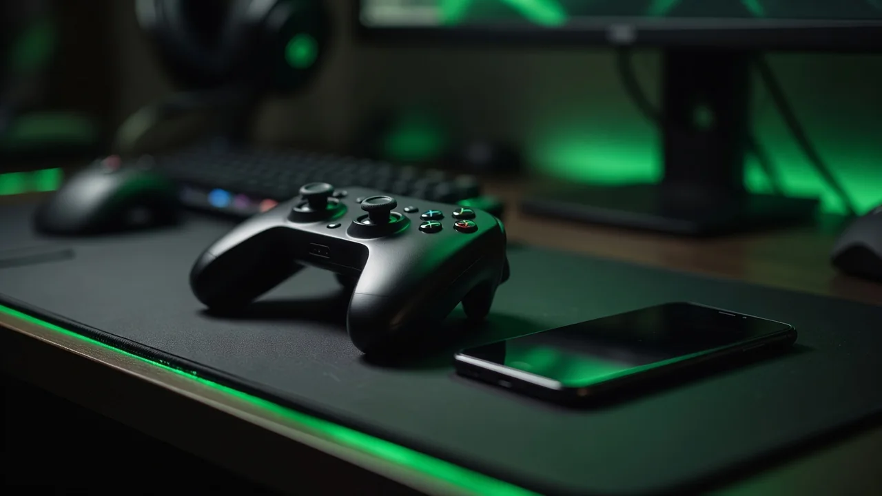 Controle e smartphone em mesa gamer com luz verde