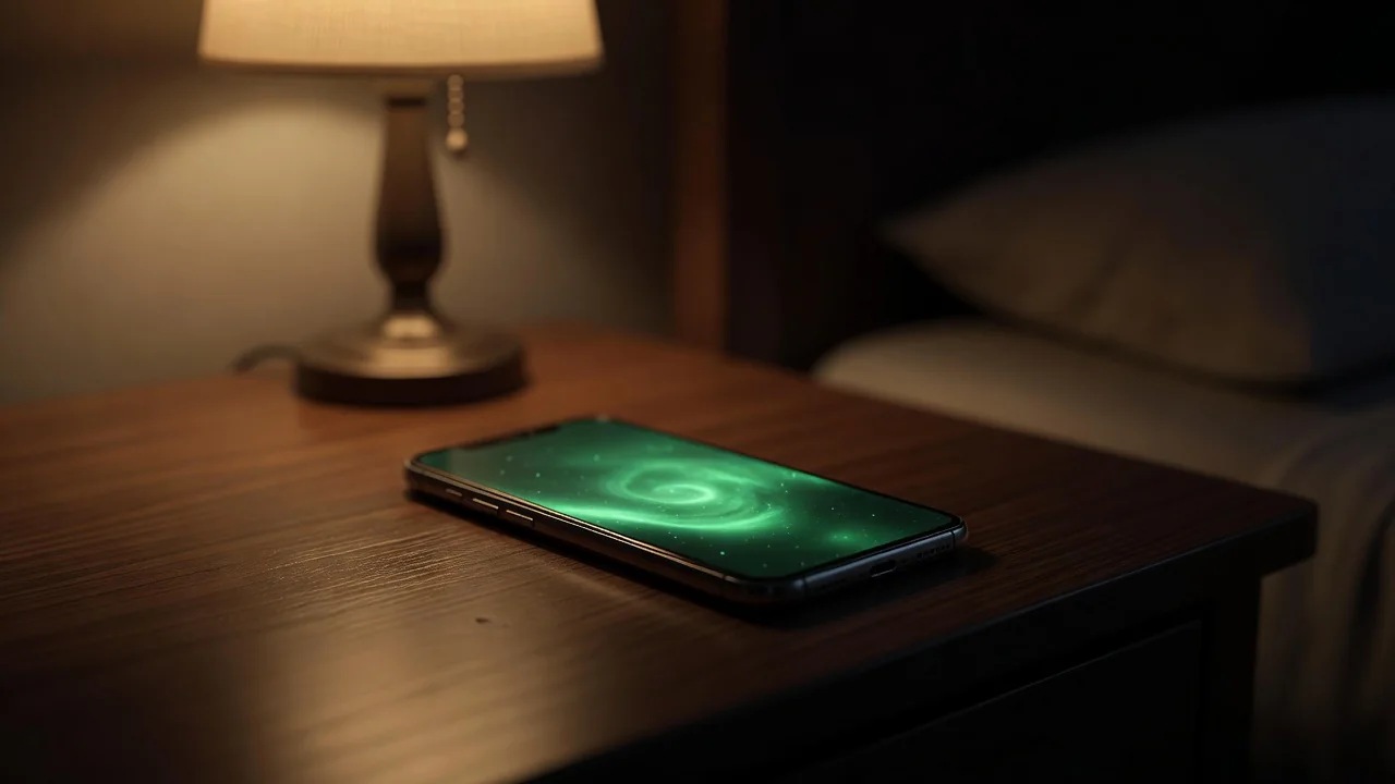 Smartphone em mesa de cabeceira com brilho verde na tela