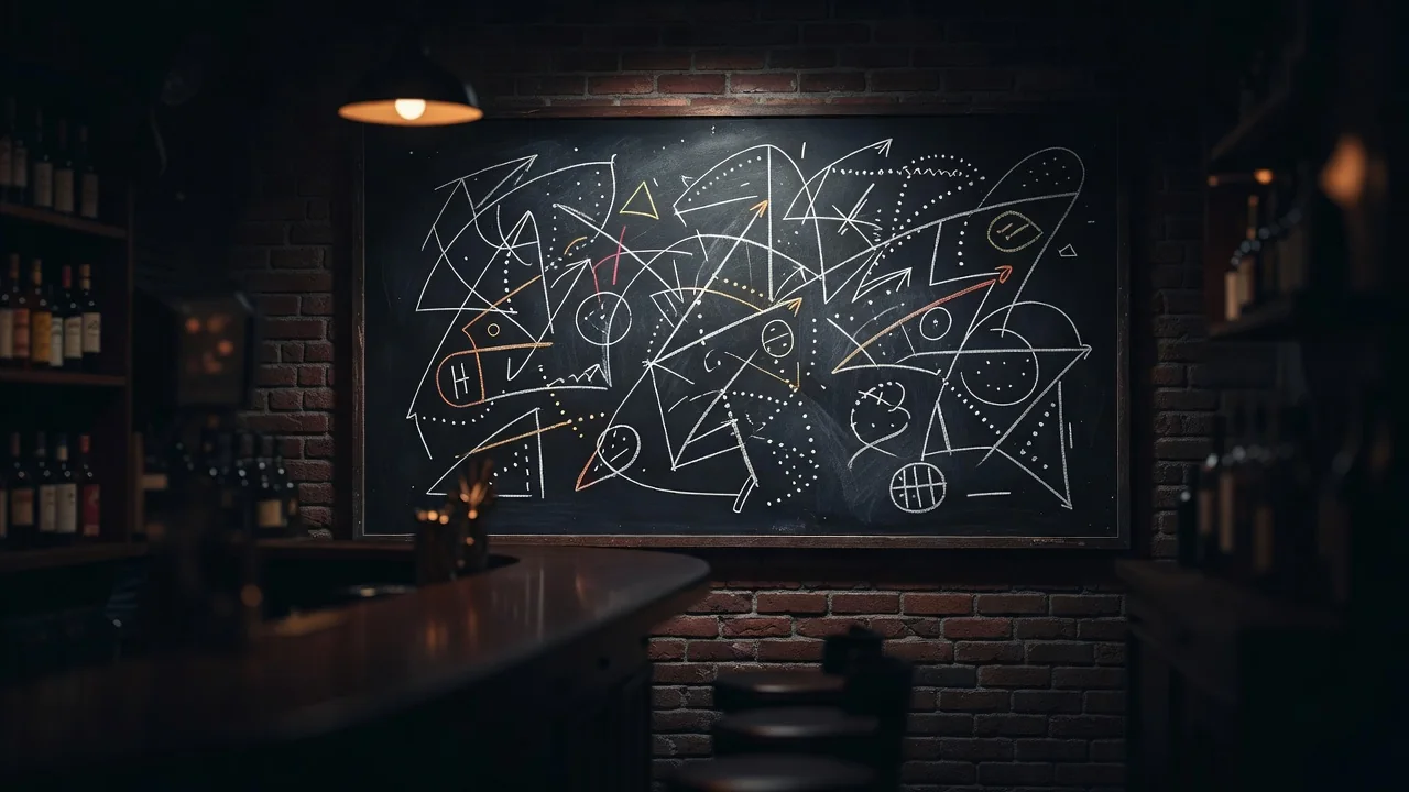 Quadro com diagramas esportivos desenhados a giz em bar