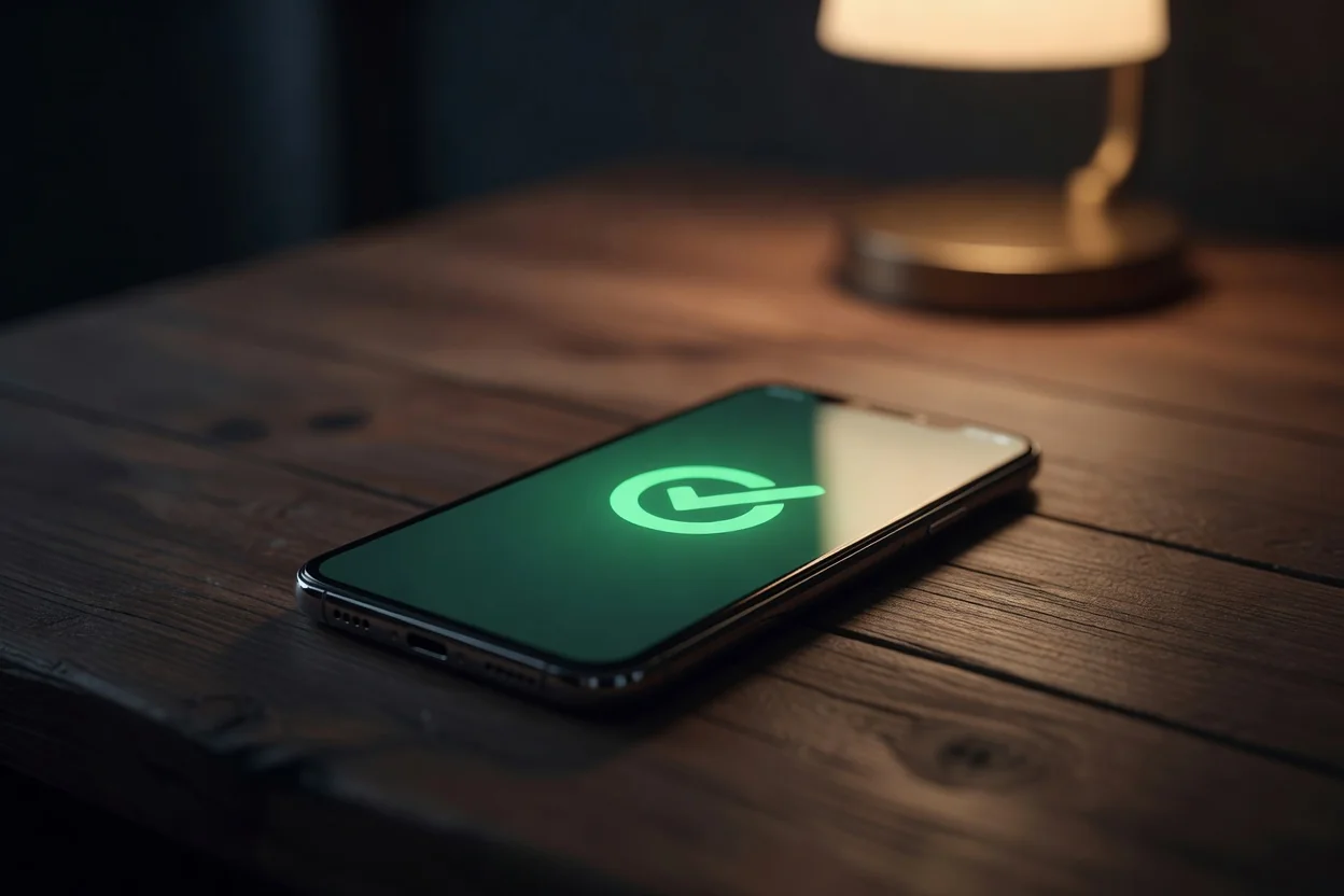 Smartphone com confirmação de pagamento brilhando em mesa de madeira
