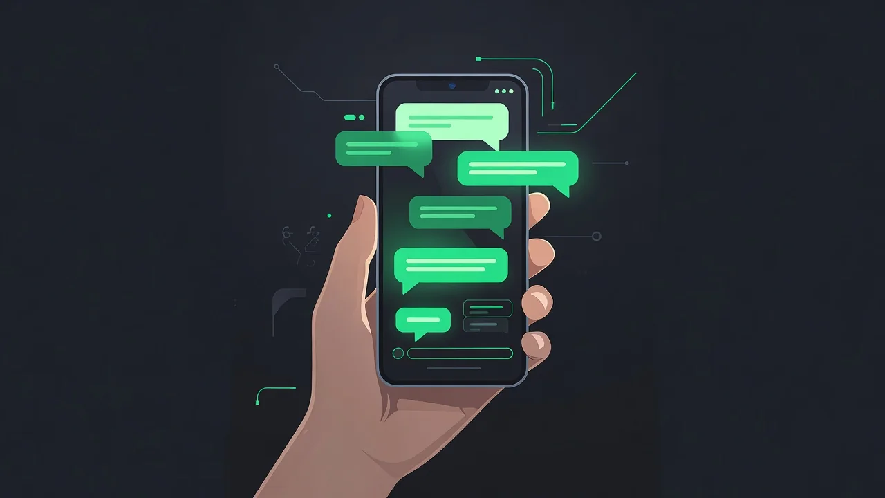 Mão segurando smartphone com interface de assistente de inteligência artificial em tons neon