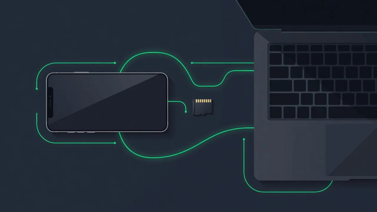 Smartphone ao lado de cartão de memória microSD e notebook para backup de fotos