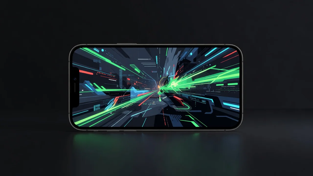 Smartphone na horizontal exibindo jogo de ação colorido com gráficos neon futuristas