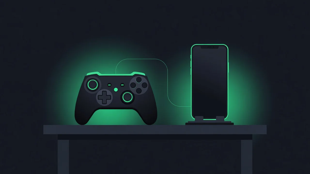 Controle de game bluetooth conectado a smartphone em mesa com iluminação neon verde