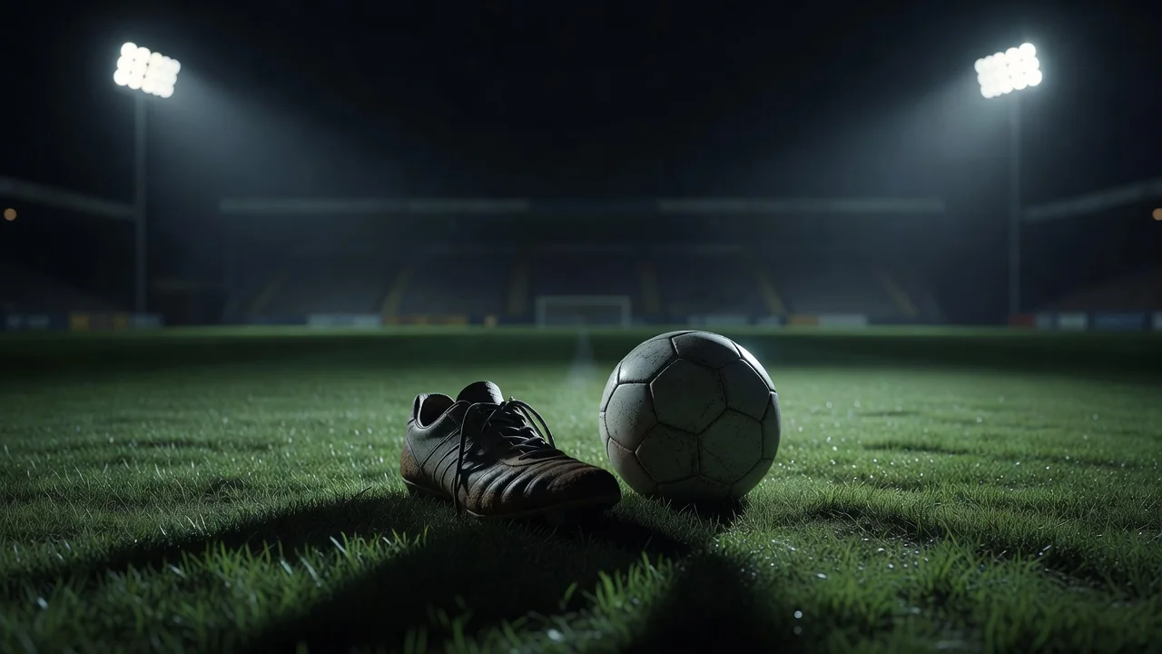 Chuteira e bola de futebol na grama sob refletores à noite