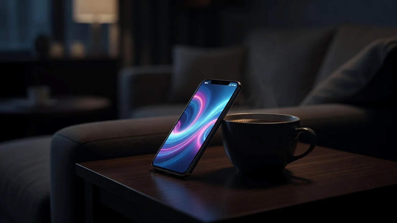 Smartphone com tela esportiva sobre mesa de centro à noite