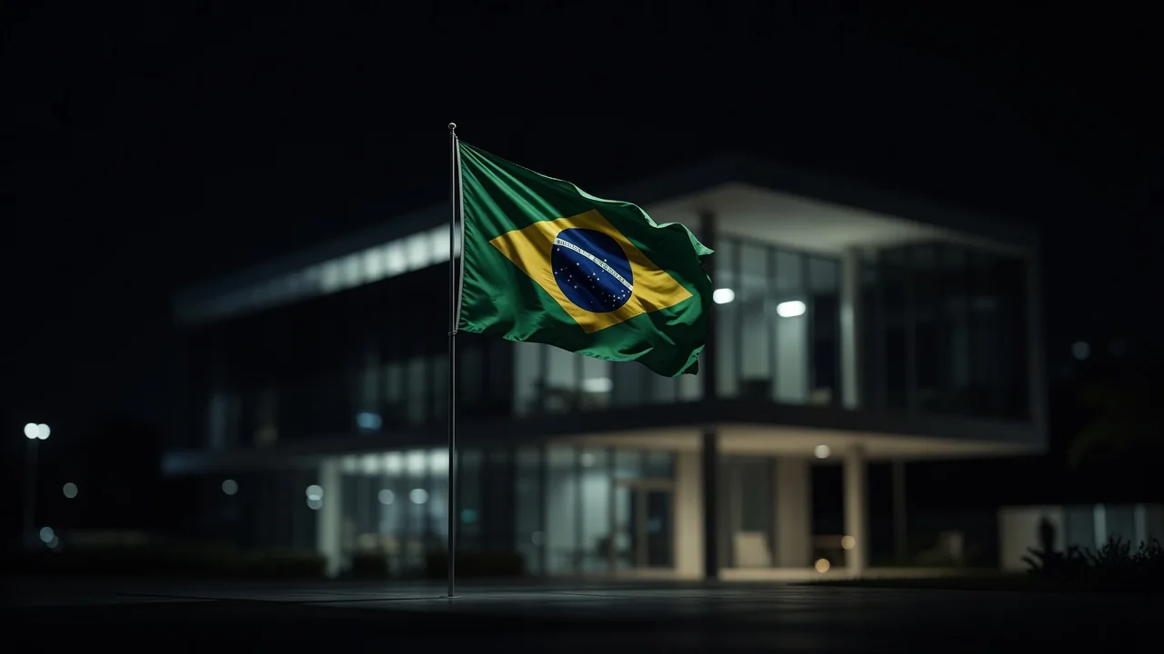 Bandeira do Brasil à noite em frente a prédio moderno iluminado