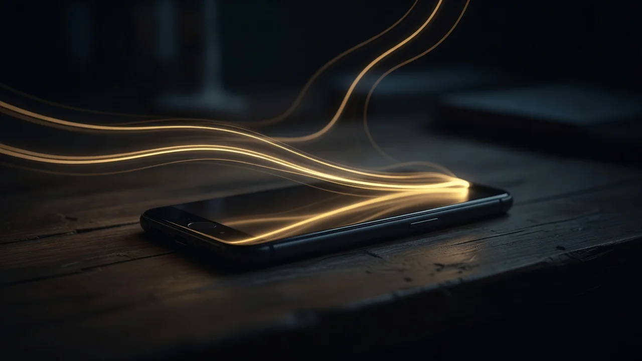 Trilhas de luz dourada sobre smartphone em mesa escura
