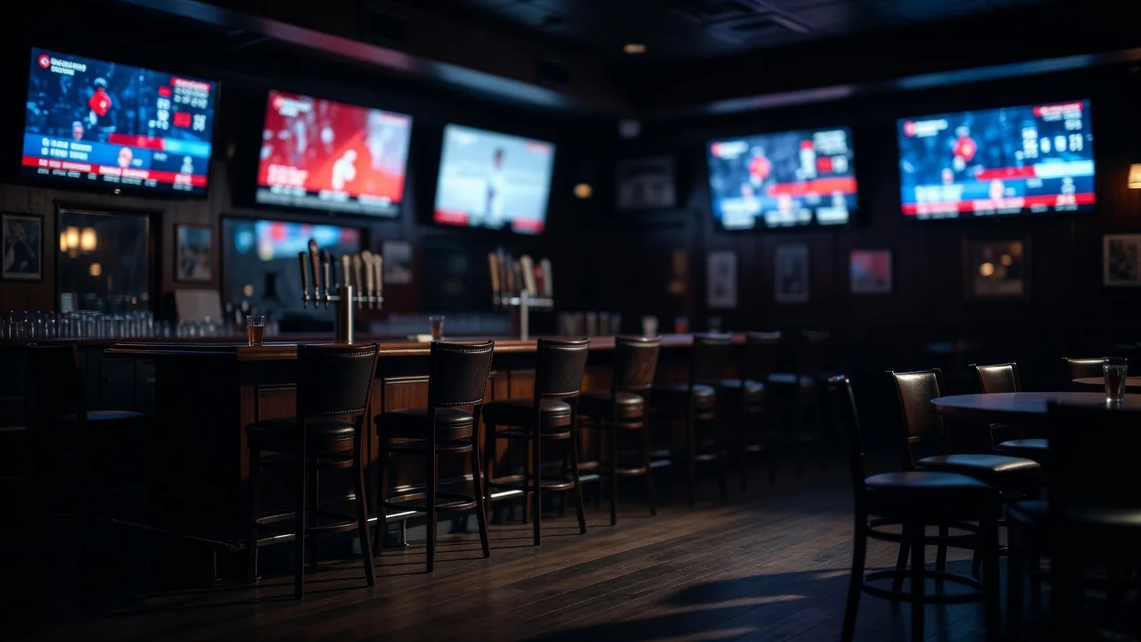 Interior de bar esportivo à noite com várias telas brilhando