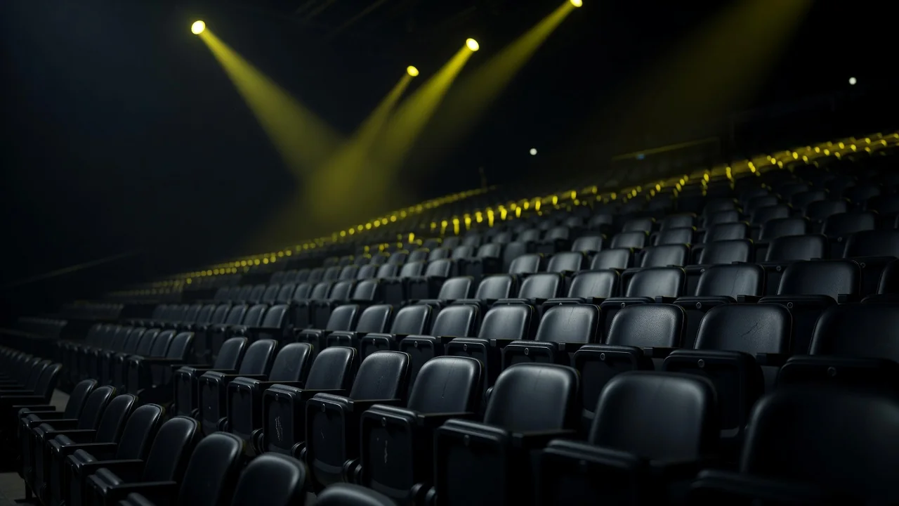 Arquibancadas de arena vazias sob holofotes amarelos