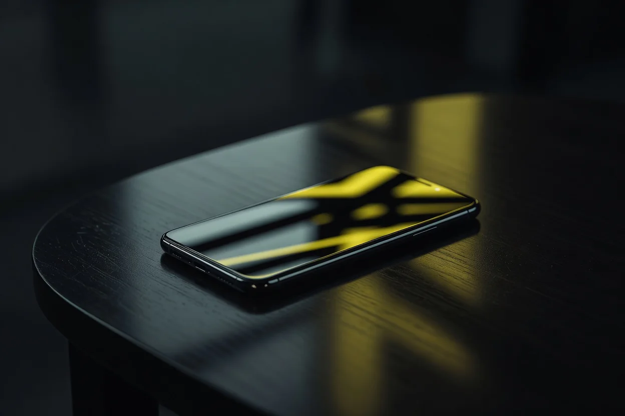 Smartphone em mesa escura com reflexos amarelo e preto