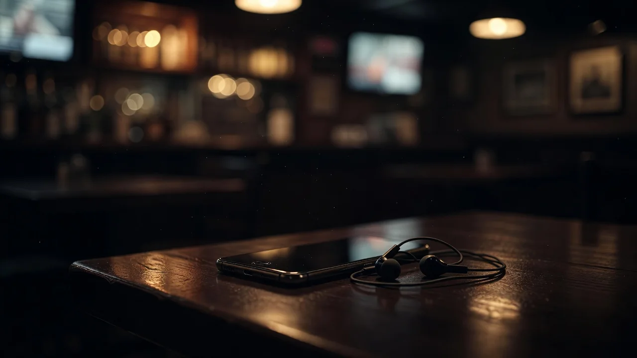 Smartphone e fones de ouvido em mesa de bar esportivo à noite