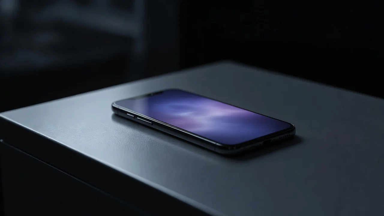 Smartphone com brilho azul-violeta sobre superfície metálica