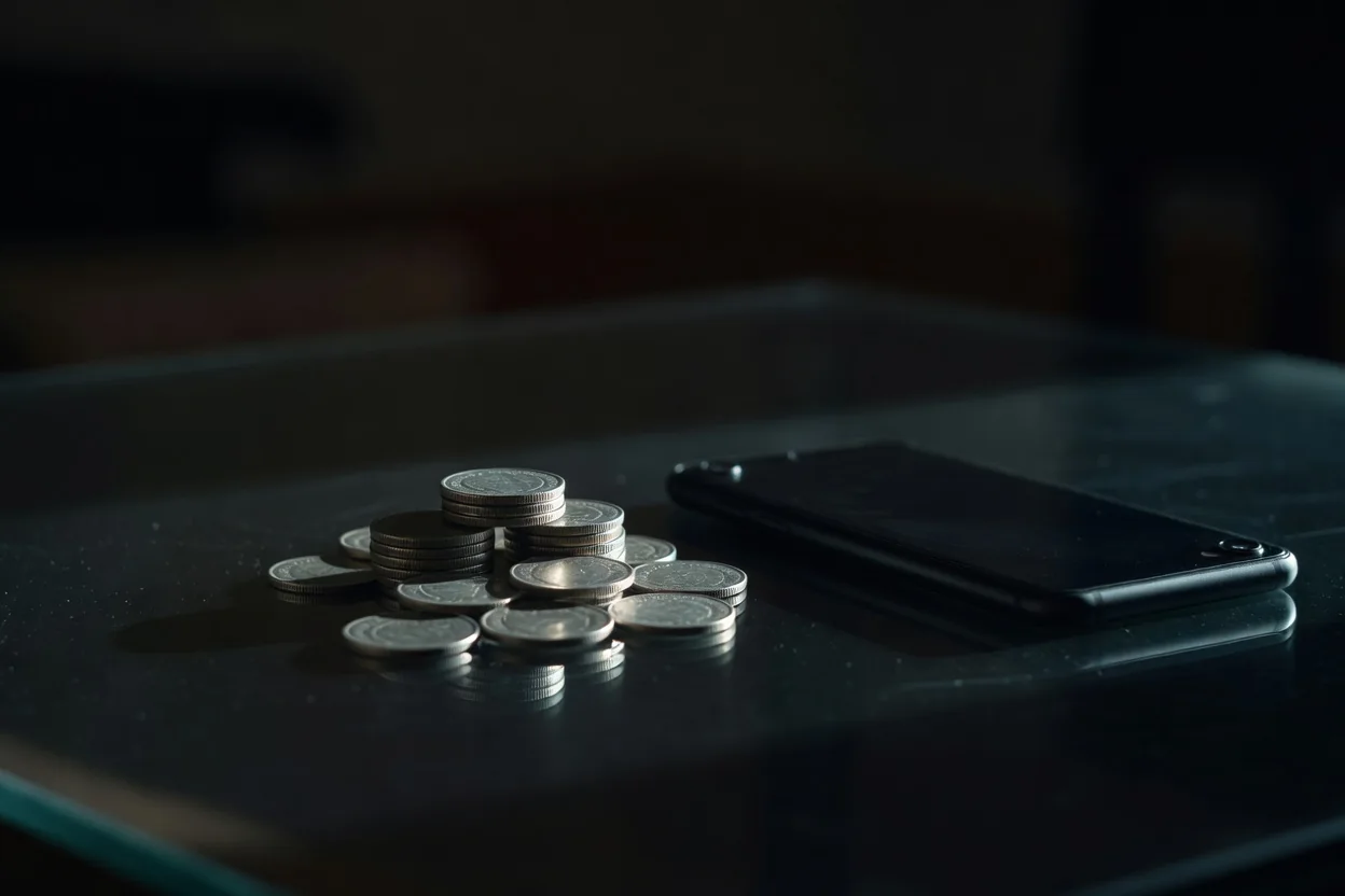 Moedas metálicas genéricas ao lado de smartphone em mesa de vidro