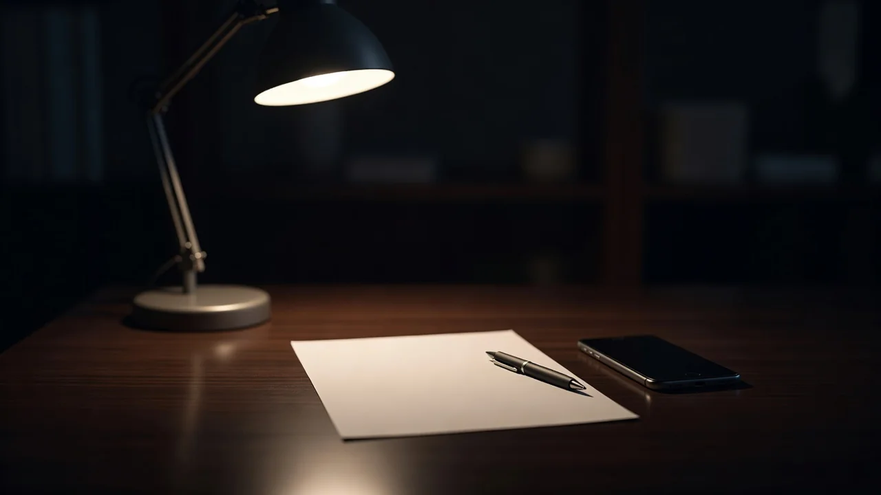 Documento em branco, caneta e smartphone sob luminária de escritório