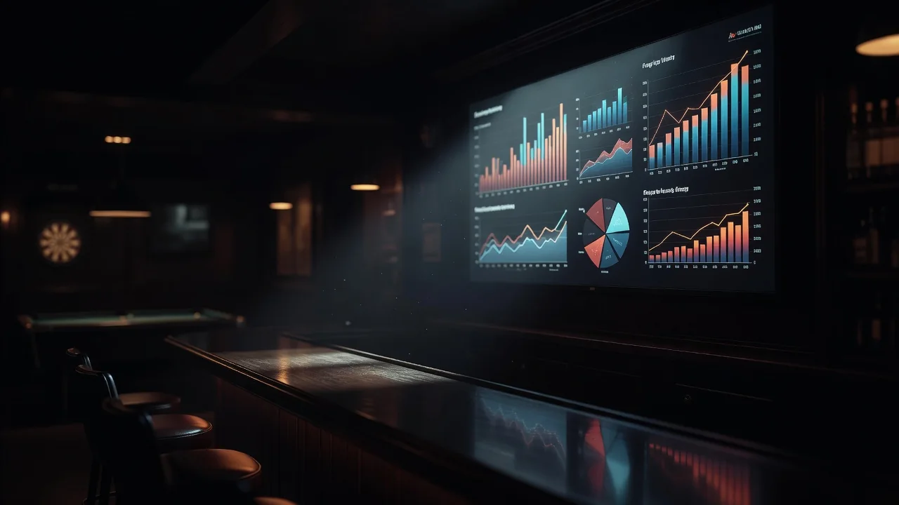 Painel de estatísticas esportivas iluminado em bar à noite