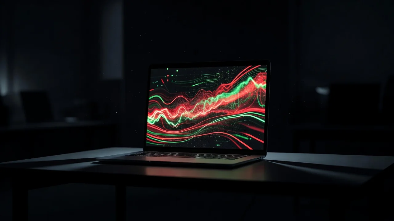 Notebook com gráfico de partida ao vivo em quarto escuro