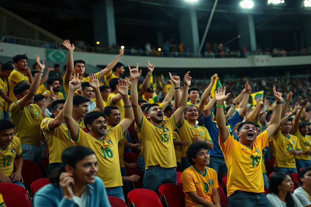 Apostas no Brasileirão: mercados, mando de campo e calendário Torcedores brasileiros de amarelo comemorando nas arquibancadas