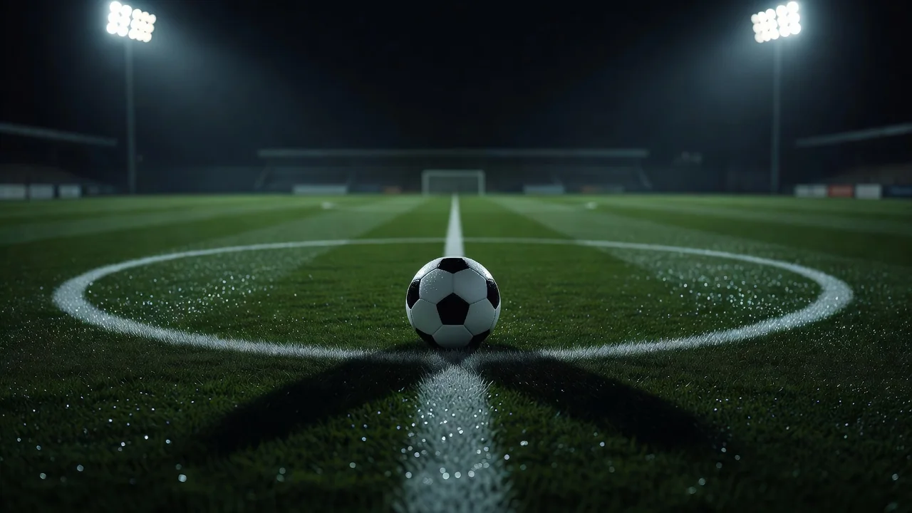 Bola de futebol no círculo central de campo iluminado à noite