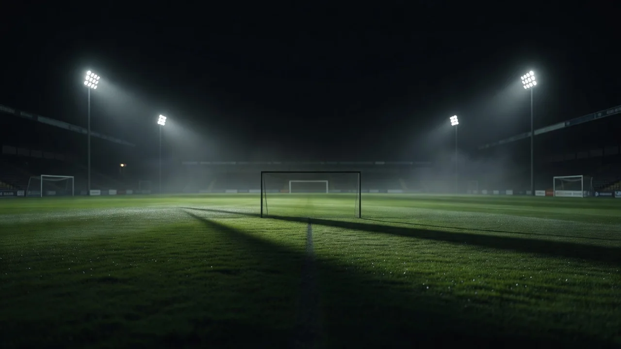 Campo de futebol iluminado por refletores visto de trás do gol à noite