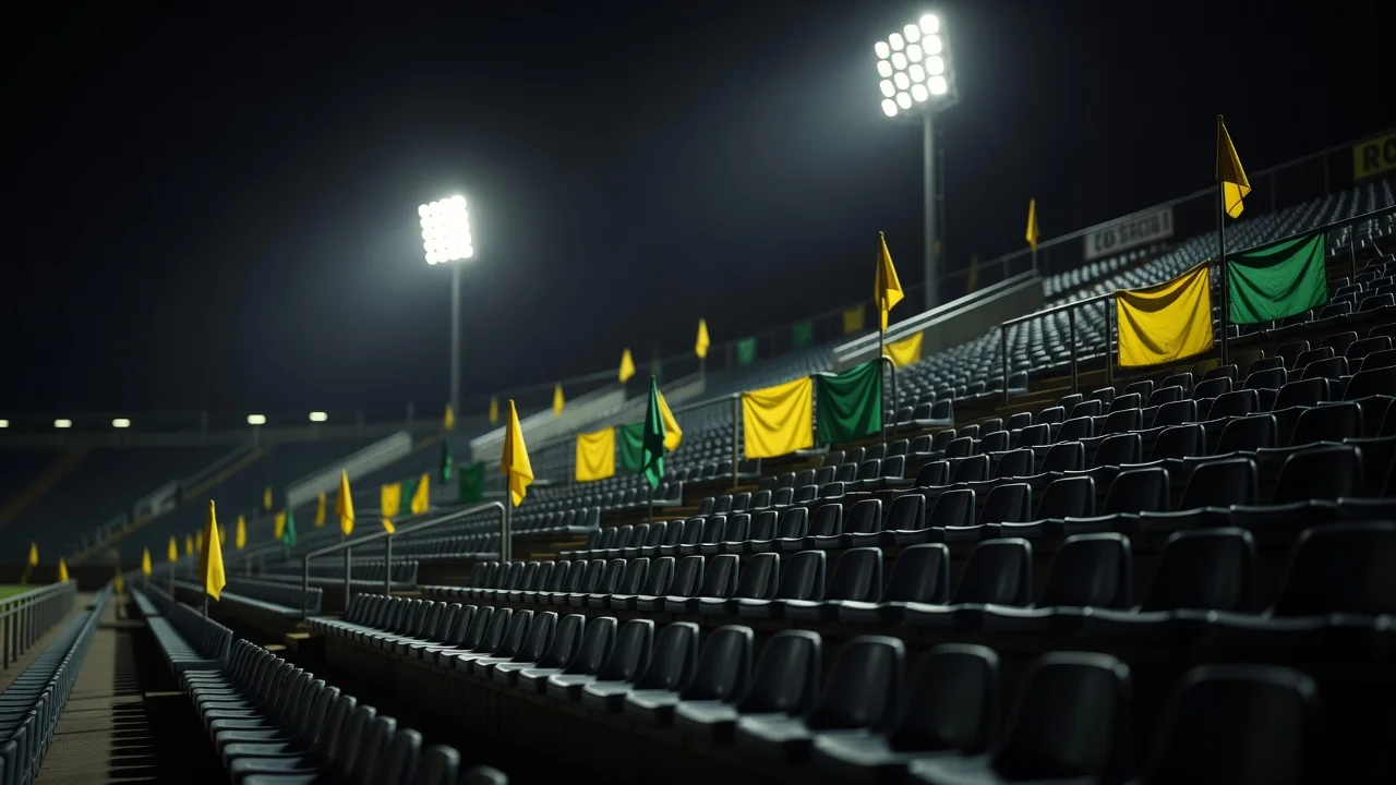 Arquibancada de estádio brasileiro com bandeiras em jogo noturno
