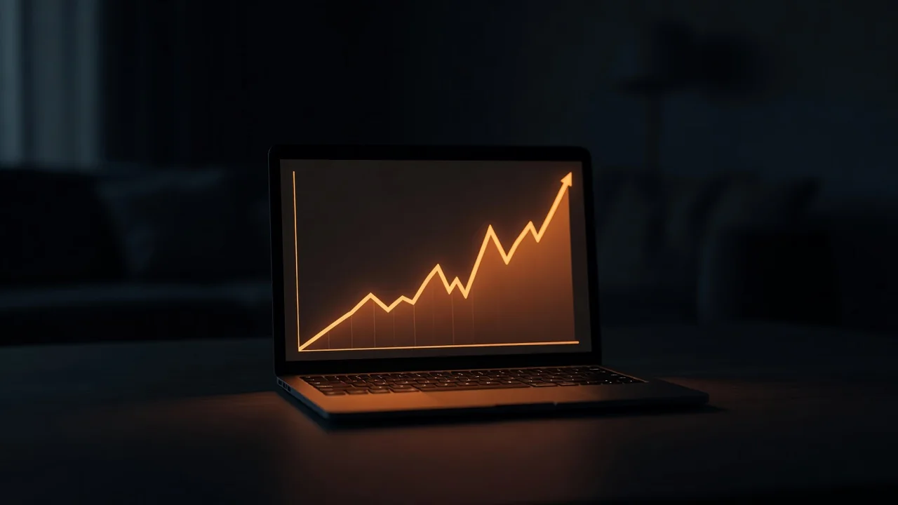 Gráfico de linha em tela de notebook em quarto escuro