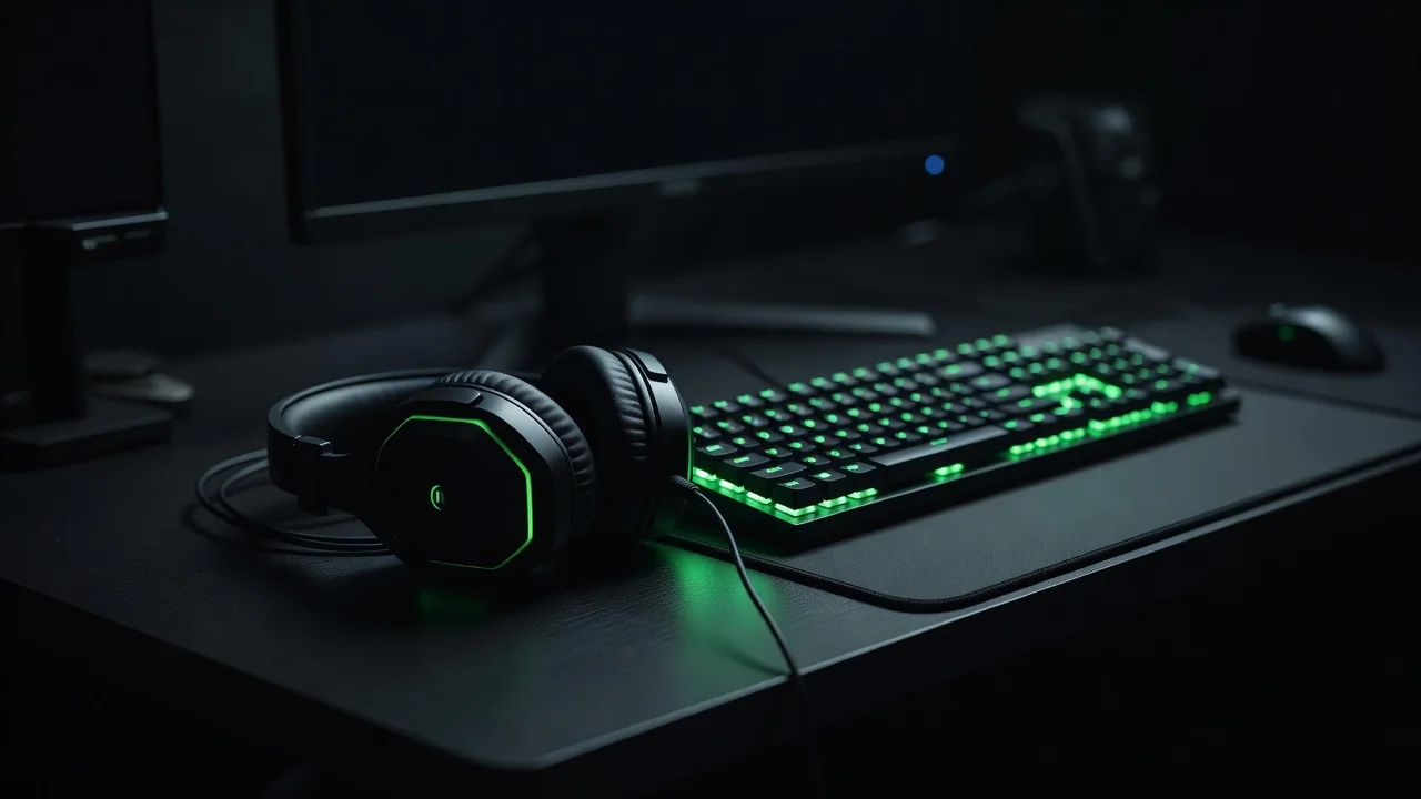 Fone de ouvido e teclado iluminados em setup de jogos à noite