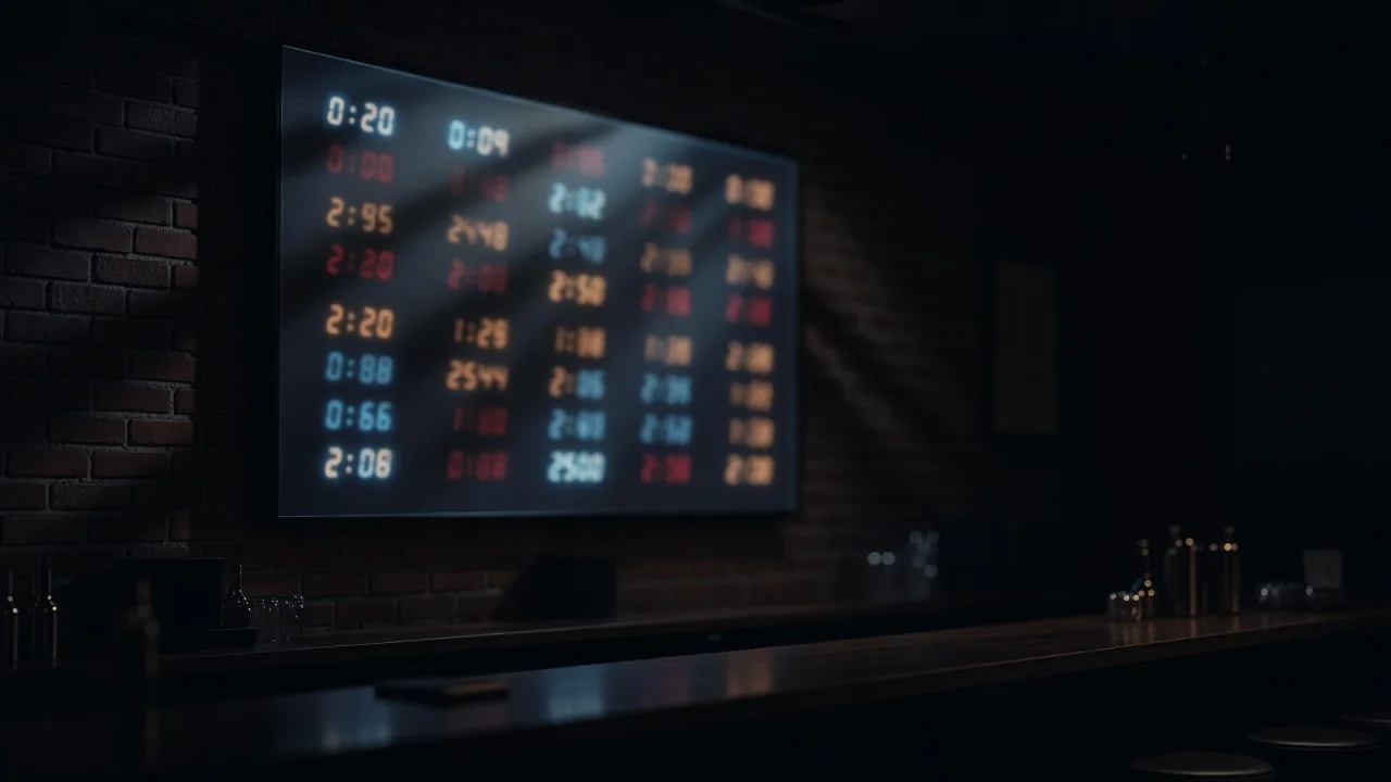 Painel luminoso com placar esportivo em bar à noite