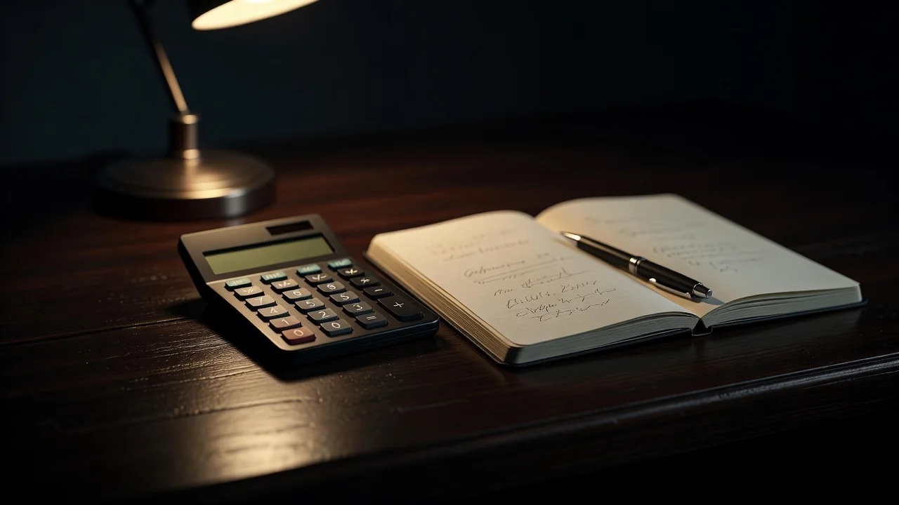 Calculadora, caderno de anotações e caneta sobre mesa escura