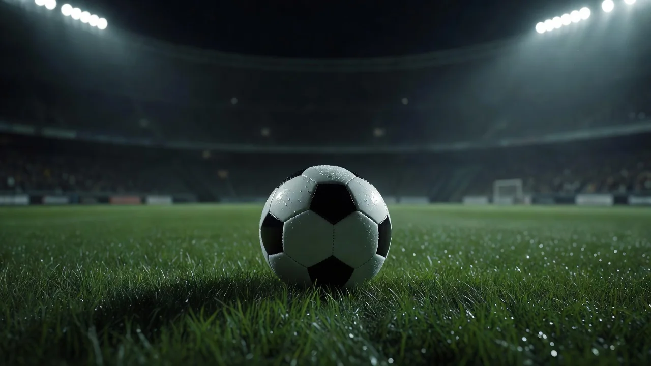 Bola de futebol na grama molhada sob luz de estádio