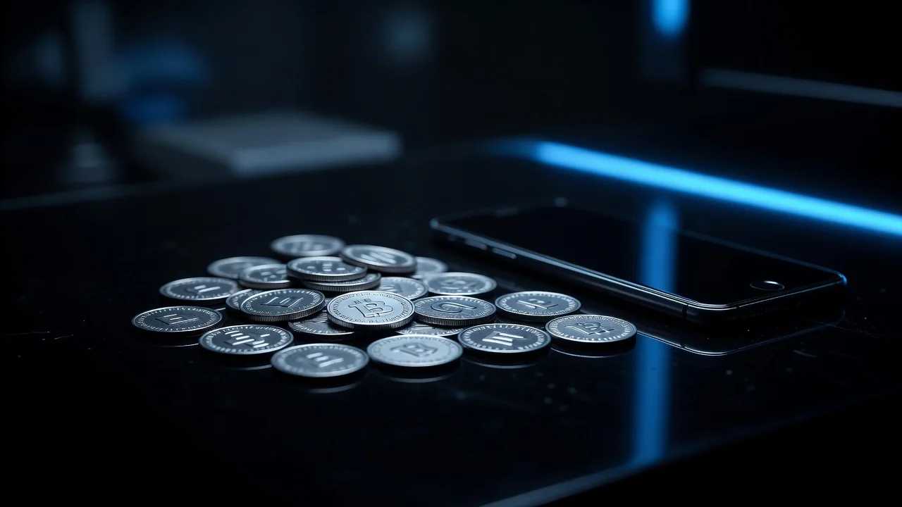 Moedas metálicas genéricas e smartphone sobre superfície escura